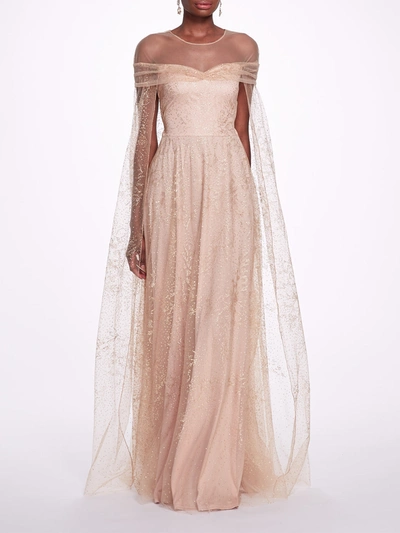 Marchesa Off-shoulder Glitter Cape Gown In Nude