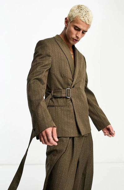 Asos Design Slim Suit Jacket In Tonal Stripe With Belt Detail-brown