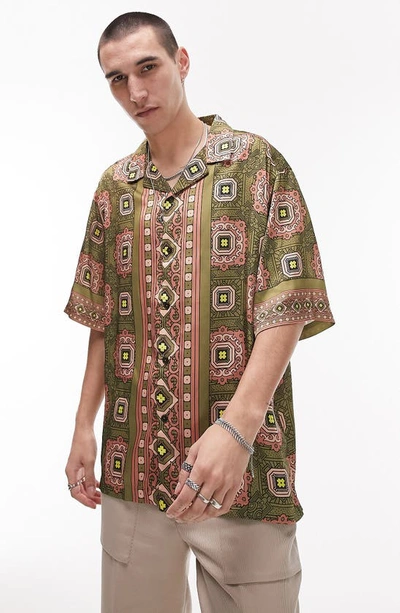 Topman Short Sleeve Tile Satin Printed Shirt In Multi