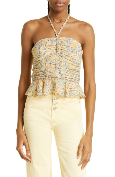 Veronica Beard Arienne Ruched Paisley-print Silk-chiffon Halterneck Top In Blue Yellow