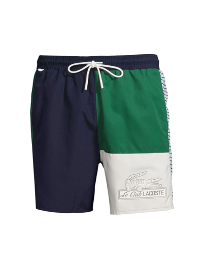 Lacoste Logo-print Colour-block Swim Shorts In Navy Green