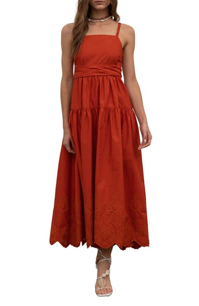 Moon River Eyelet Cutout Tie Back Midi Dress In Red