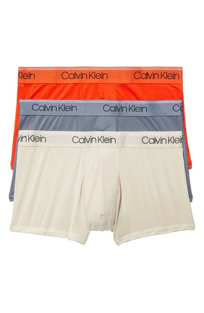 Calvin Klein 3-pack Low Rise Microfiber Stretch Trunks In Asphalt Grey/mudstone/acid Orange