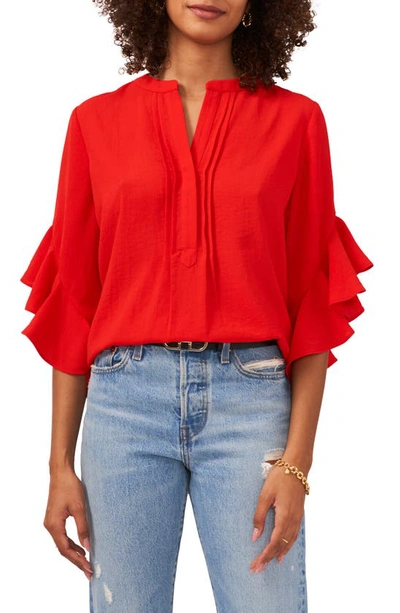 Vince Camuto Ruffle Sleeve Split Neck Blouse In Cherry Red
