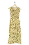 Melloday Sleeveless Floral Print Smocked Top Knit Midi Dress In Yellow Multi