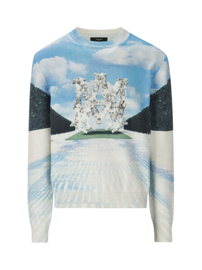 Amiri Runway Print Cashmere Crewneck Sweater In Blue