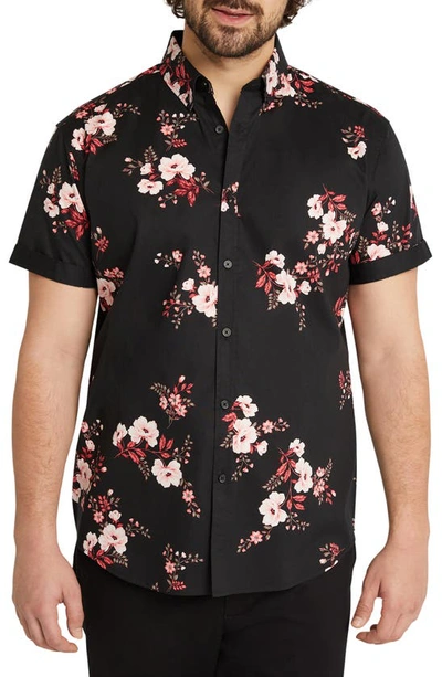 Johnny Bigg Clive Classic Fit Floral Short Sleeve Stretch Cotton Button-up Shirt In Black