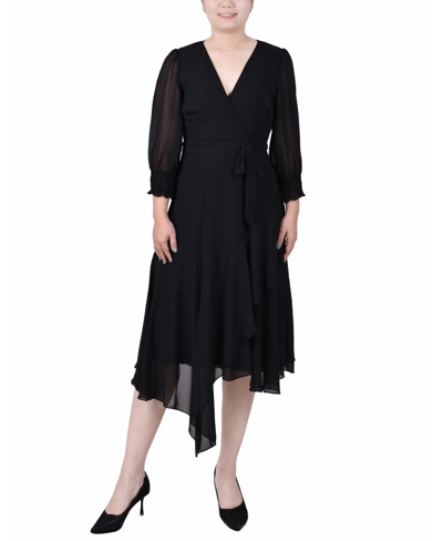 Ny Collection Plus Size 3/4 Sleeve Belted Chiffon Handkerchief Hem Dress In Black