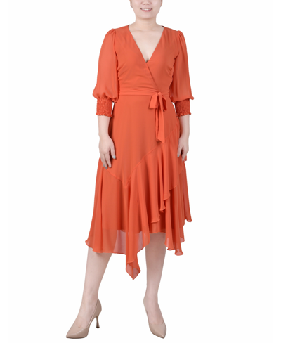 Ny Collection Plus Size 3/4 Sleeve Belted Chiffon Handkerchief Hem Dress In Orange Rust