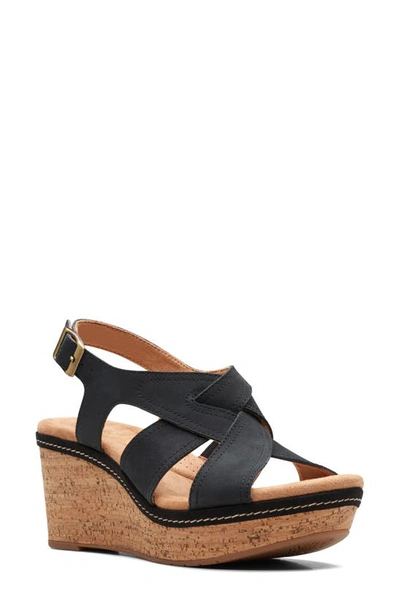 Clarks Elleri Rae Wedge Sandal In Black Nubuck