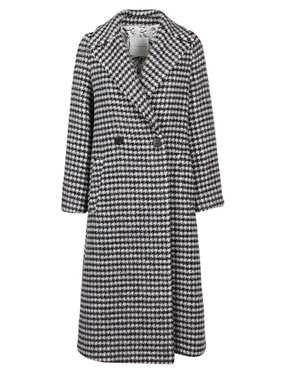 Skill&genes Long Double-breasted Houndstooth Coat In Black