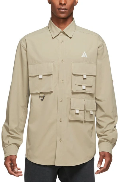 Nike Acg Dri-fit Uv Devastation Trail Button-up Shirt In Neutral Olive/ Summit White