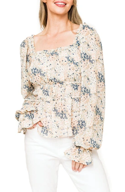 Gibsonlook Floral Print Smocked Waist Peplum Top In Spring Floral