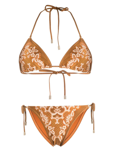 Zimmermann Raie Placed Print Two-piece Bikini In Brown