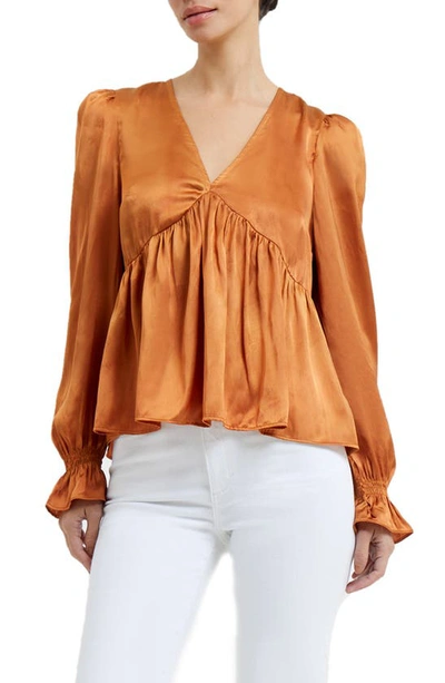 French Connection Inu Long Sleeve Satin Blouse In 21-honey Bronze