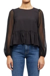French Connection Light Long Sleeve Crepe Georgette Peplum Blouse In 01-black