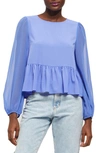 French Connection Light Long Sleeve Crepe Georgette Peplum Blouse In Blue
