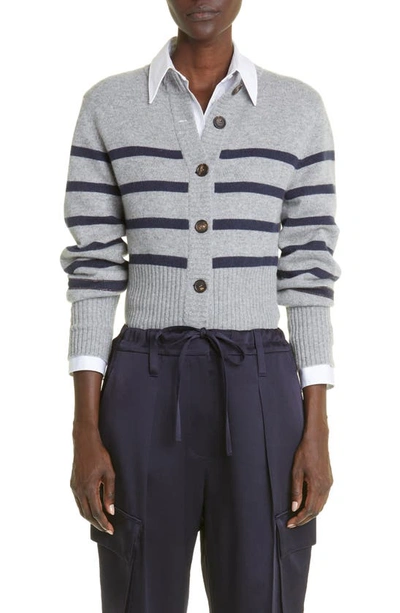 Brunello Cucinelli Cashmere Marine Striped Cardigan With Monili Detail In Pebble