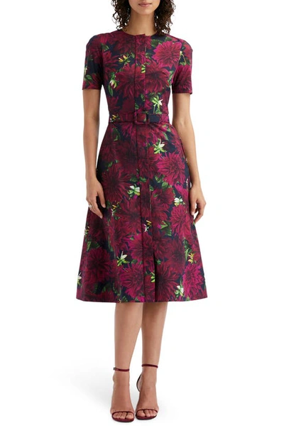 Oscar De La Renta Dahlia Belted Poplin Midi Dress In Multi