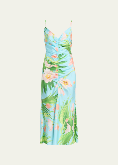 Carolina Herrera Tropical-print Ruched Cutout Midi Dress In Blue