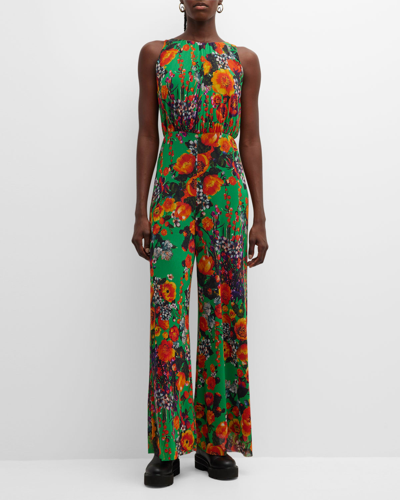 Fuzzi Sleeveless Floral-print Tulle Jumpsuit In Sierra Gre