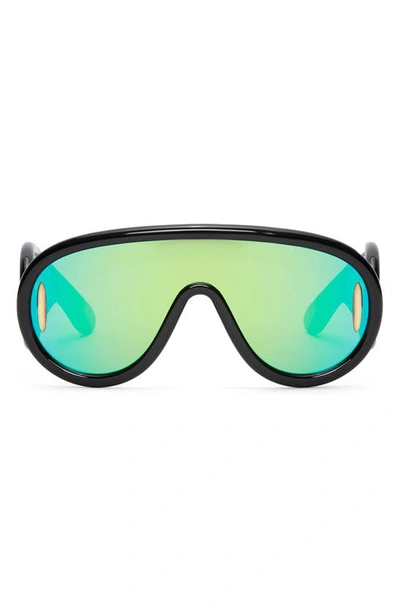 Loewe Mirror Acetate Shield Sunglasses In Shiny Black Green Mirror
