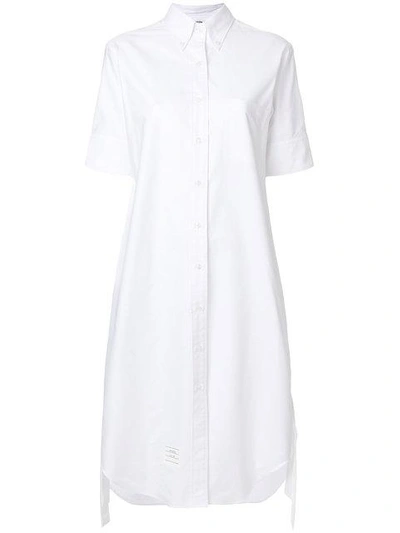 Thom Browne Short Sleeve Point Collar Button Down Gathered Shirt In Oxford