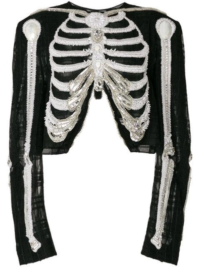 Thom Browne Reverse Opening Cardigan Jacket In Crystal Skeleton Embroidery In Black