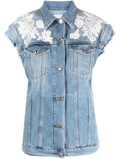 Ermanno Firenze Embroidered Sleeveless Denim Jacket In Blue