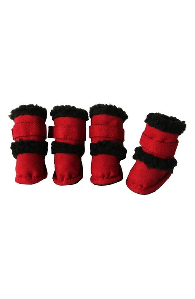 Pet Life Faux Shearling & Suede "duggz" Dog Shoes In Red And Black