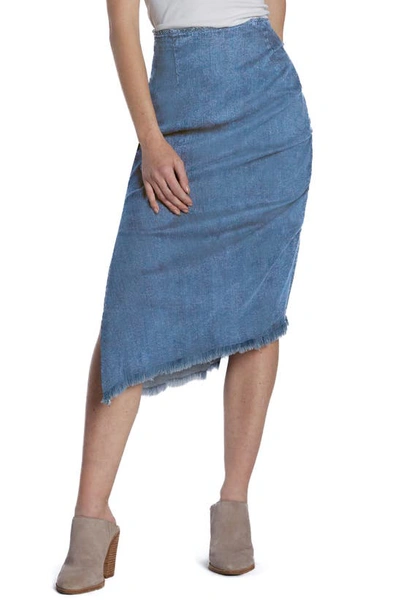 Wash Lab Denim Bustle Frayed Asymmetric Denim Midi Skirt In Elaine Blue