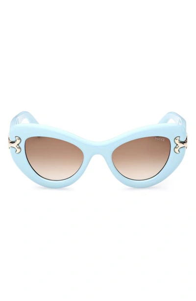 Emilio Pucci 50mm Gradient Small Cat Eye Sunglasses In Shiny Light Blue / Grad Brown