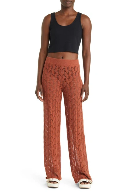 Topshop Knitted Open Stitch Pants In Rust - Part Of A Set-red In Burgundy