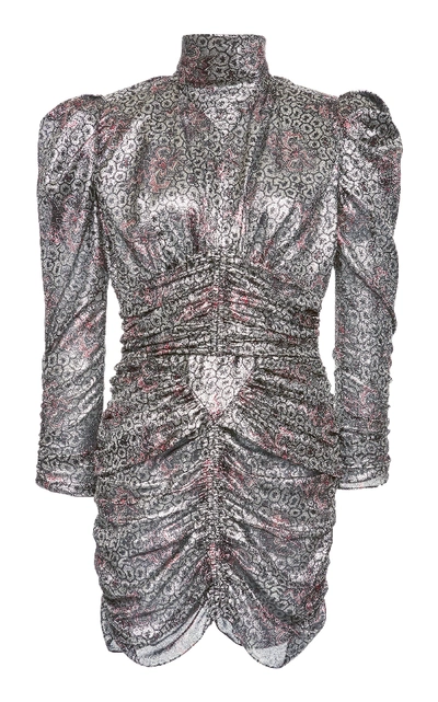 Isabel Marant Pandor Ruched Printed Silk-blend Lamé Mini Dress In Silver