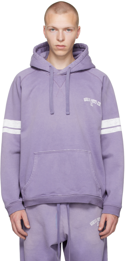 Guess Usa Slogan-print Striped Hoodie In Jazzy Purple