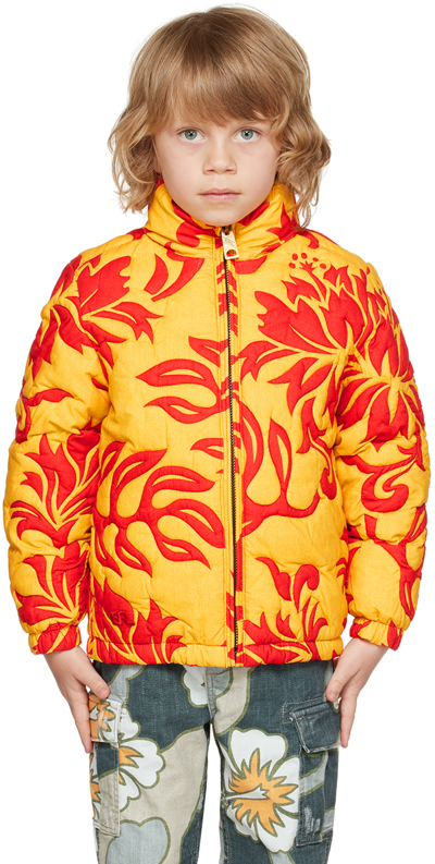 Erl Kids' Floral-print Quilted Puffer Jacket In Yellow