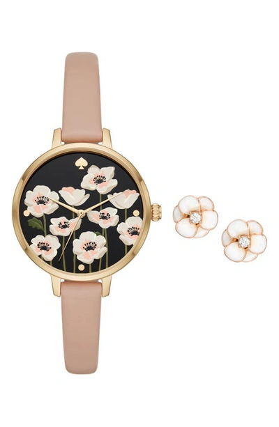 Kate Spade New York Three-hand Quartz Leather Strap Watch & Earrings Set In Gold