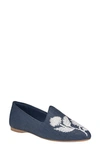 Birdies Heron Flat In Navy Botanical Raffia