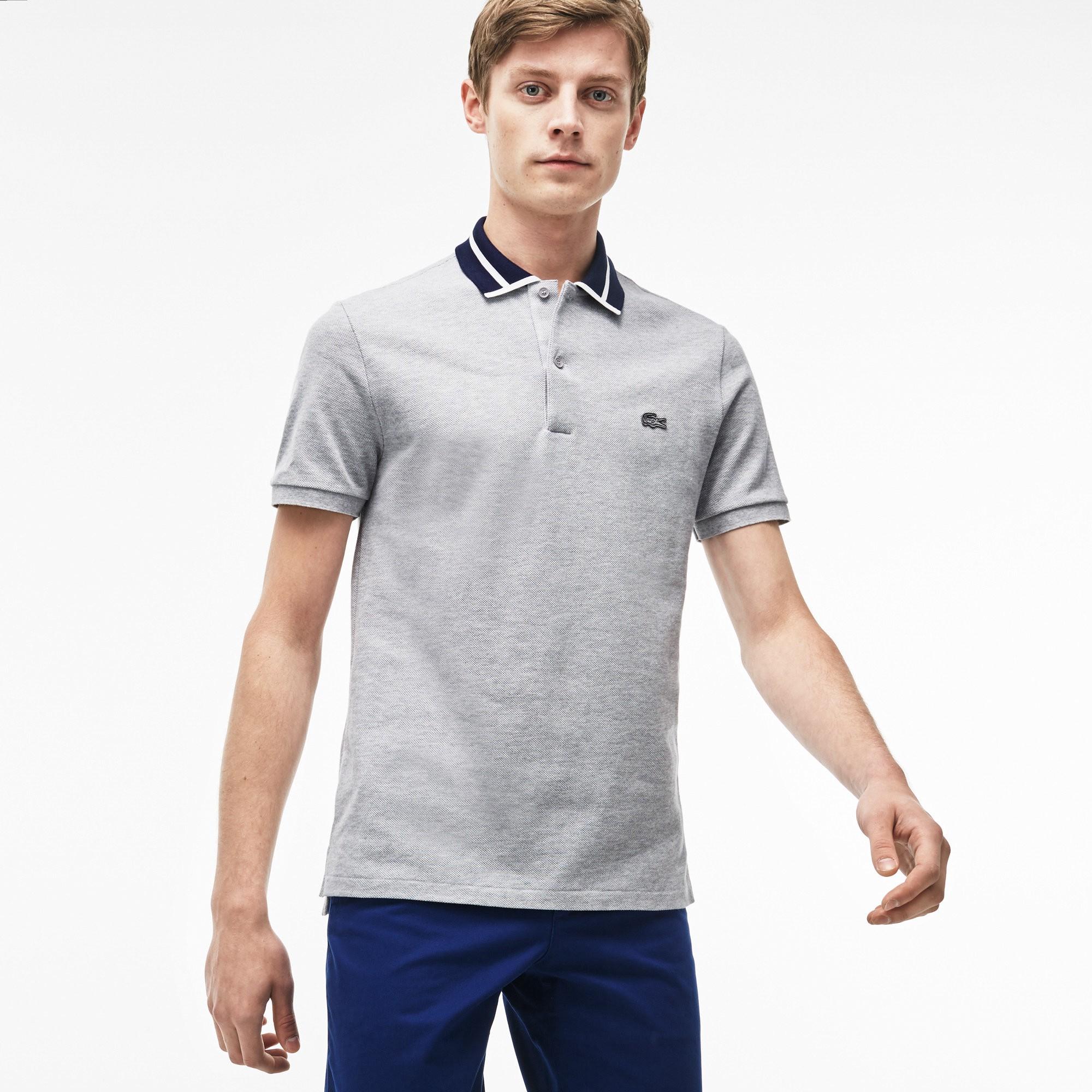 Lacoste Men's Slim Fit Piped Thick Cotton Piqué Polo In Silver Chine ...