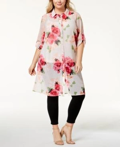 Calvin Klein Plus Size Printed Button-front Tunic In Latte Spring Rose