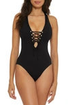 Becca Modern Edge Ribbed Lace-up Plunge One-piece Swimsuit In Black