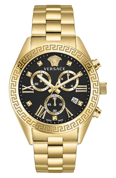 Versace 40mm Greca Chrono Watch With Bracelet Strap, Yellow Gold/black In Ip Yellow Gold