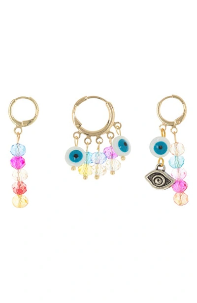 Ayounik Set Of 3 Crystal & Evil Eye Drop Huggie Hoop Earrings In Rainbow
