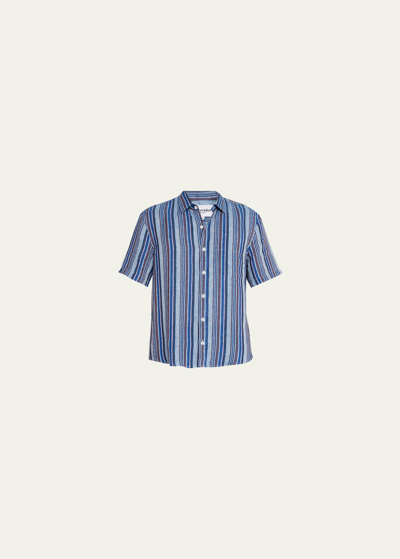 Corridor Amalfi Stripe Short Sleeve Linen Button-up Shirt In Blue