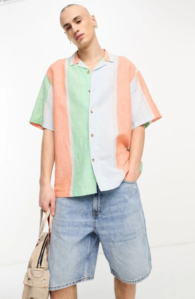 Asos Design Boxy Oversized Revere Stripe Shirt In Linen Mix-multi