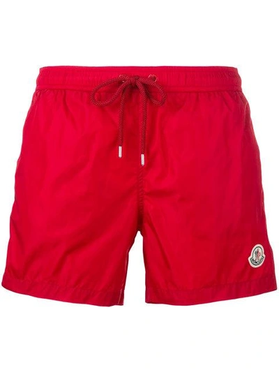 Moncler Logo Plaque Swimming Trunks In Red