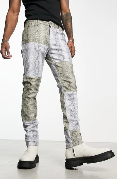 Asos Design Skinny Jeans In Gray Snake Print Croc Leather Look With Contrast Panels