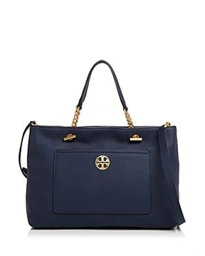 Tory Burch Chelsea Leather Satchel In Royal Navy/gold