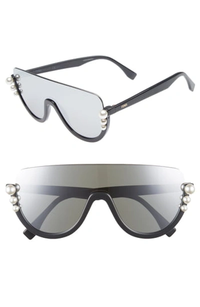 Fendi Semi-rimless Solid Pane Shield Sunglasses W/ Pearly Beads In Grey