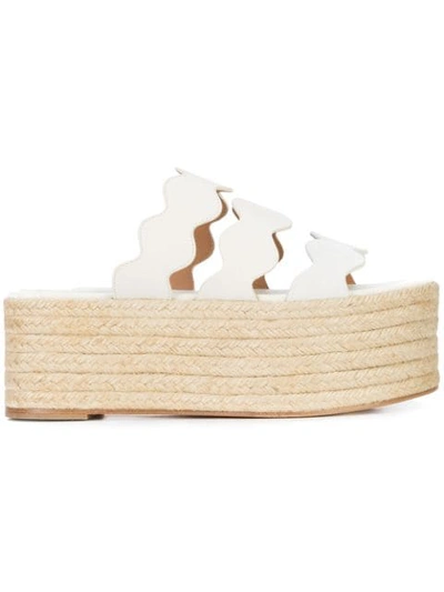 Chloé Lauren Scalloped Suede And Textured-leather Espadrille Platform Slides In White